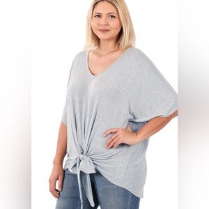 Softies Tie Front Kimono Sleeve Tunic Gray, One Size